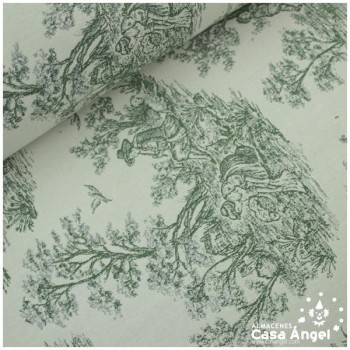 Brocado Toile de Jouy en tonos de Verde sobre crudo