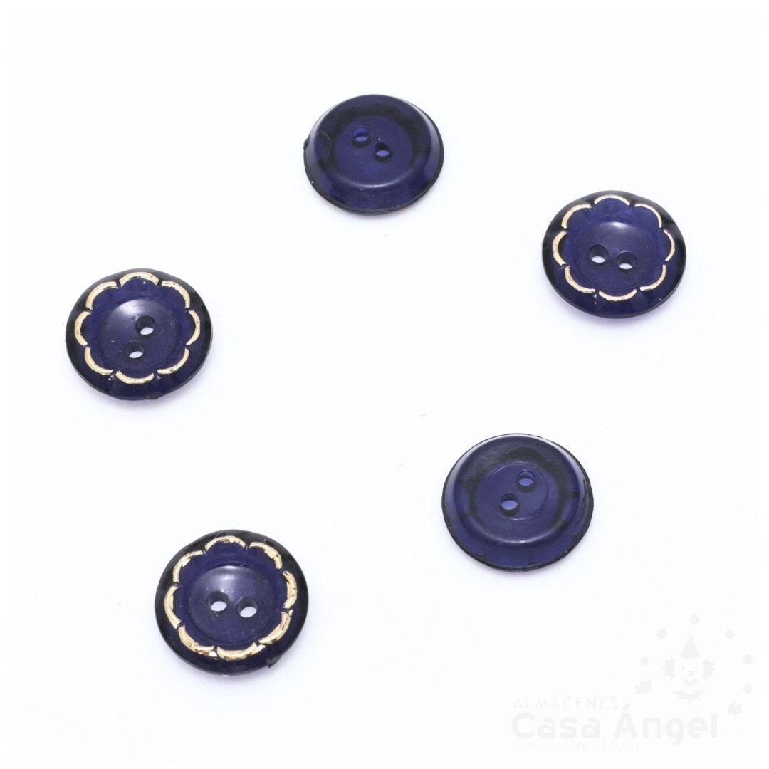 BOTÓN 2 AGUJEROS AZUL MARINO TRANSPARENTE ARO ORO 15mm BOLSA 5uds