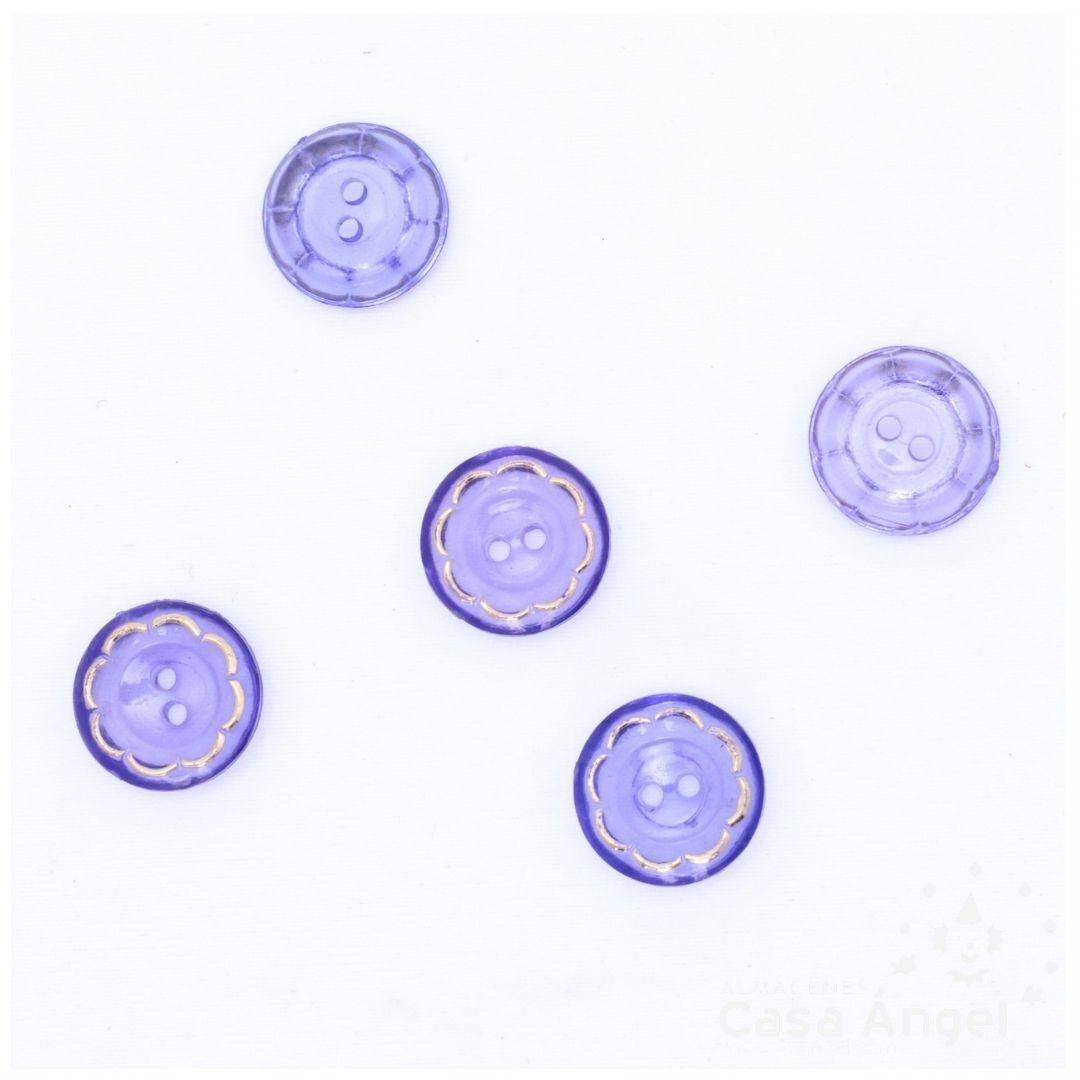 BOTÓN 2 AGUJEROS MORADO TRANSPARENTE 15mm BOLSA 5uds
