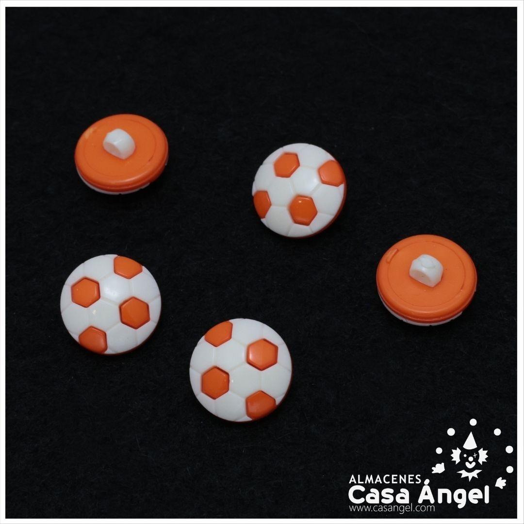 BOTÓN BALÓN DE FÚTBOL CON VÁSTAGO NARANJA 15mm BOLSA 10uds