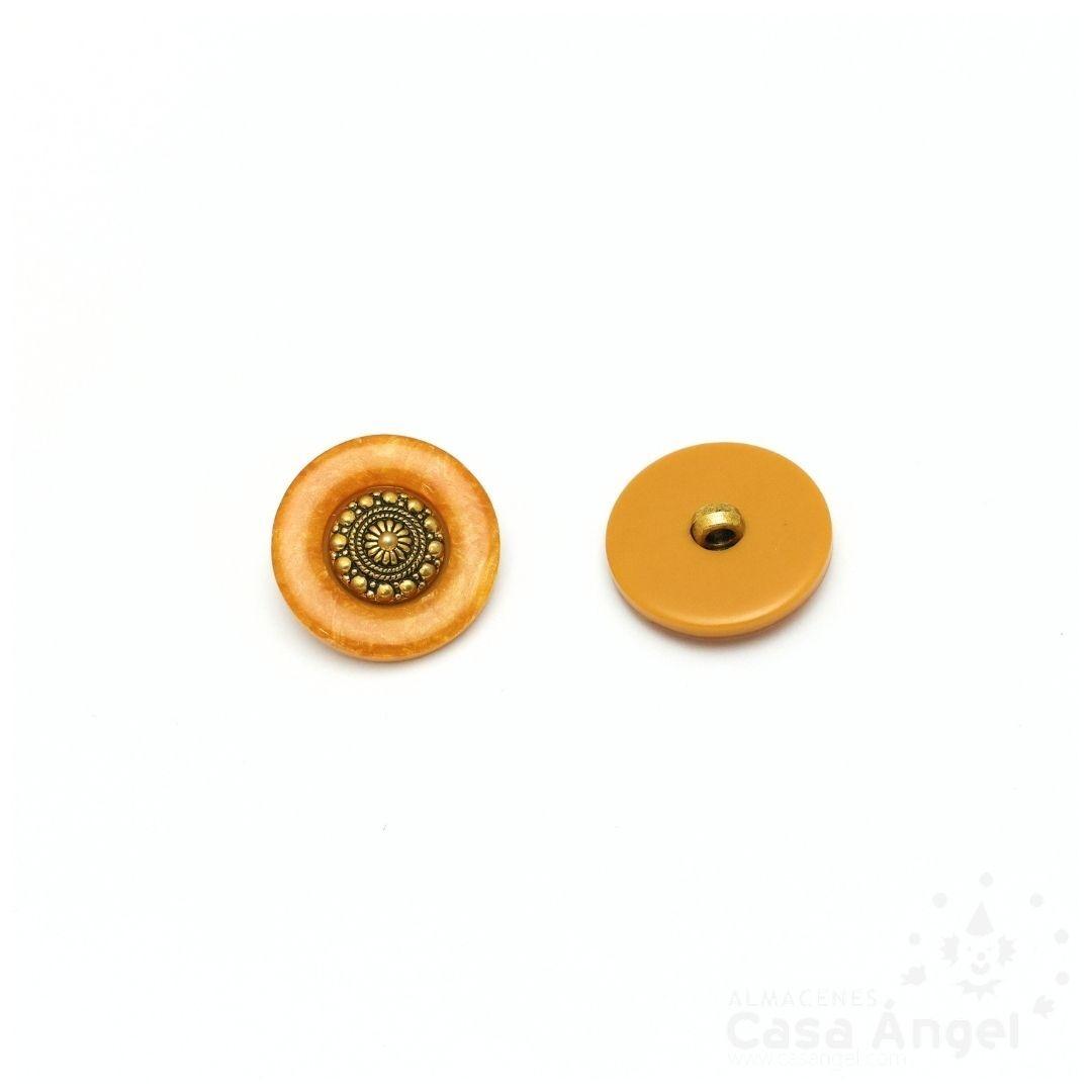 BOTÓN FANTASÍA VETEADO MOSTAZA ROSETÓN ORO 22mm BOLSA 5uds