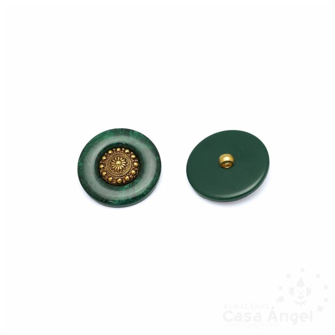 BOTÓN FANTASÍA VETEADO VERDE CON ROSETÓN DORADO 28mm BOLSA 5uds