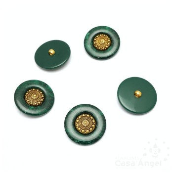 BOTÓN FANTASÍA VETEADO VERDE CON ROSETÓN DORADO 28mm BOLSA 5uds