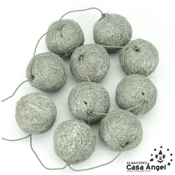 BOLAS NAVIDAD SISAL PLATA CON LUZ 10 UNIDADES