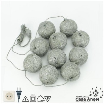 BOLAS NAVIDAD SISAL PLATA CON LUZ 10 UNIDADES