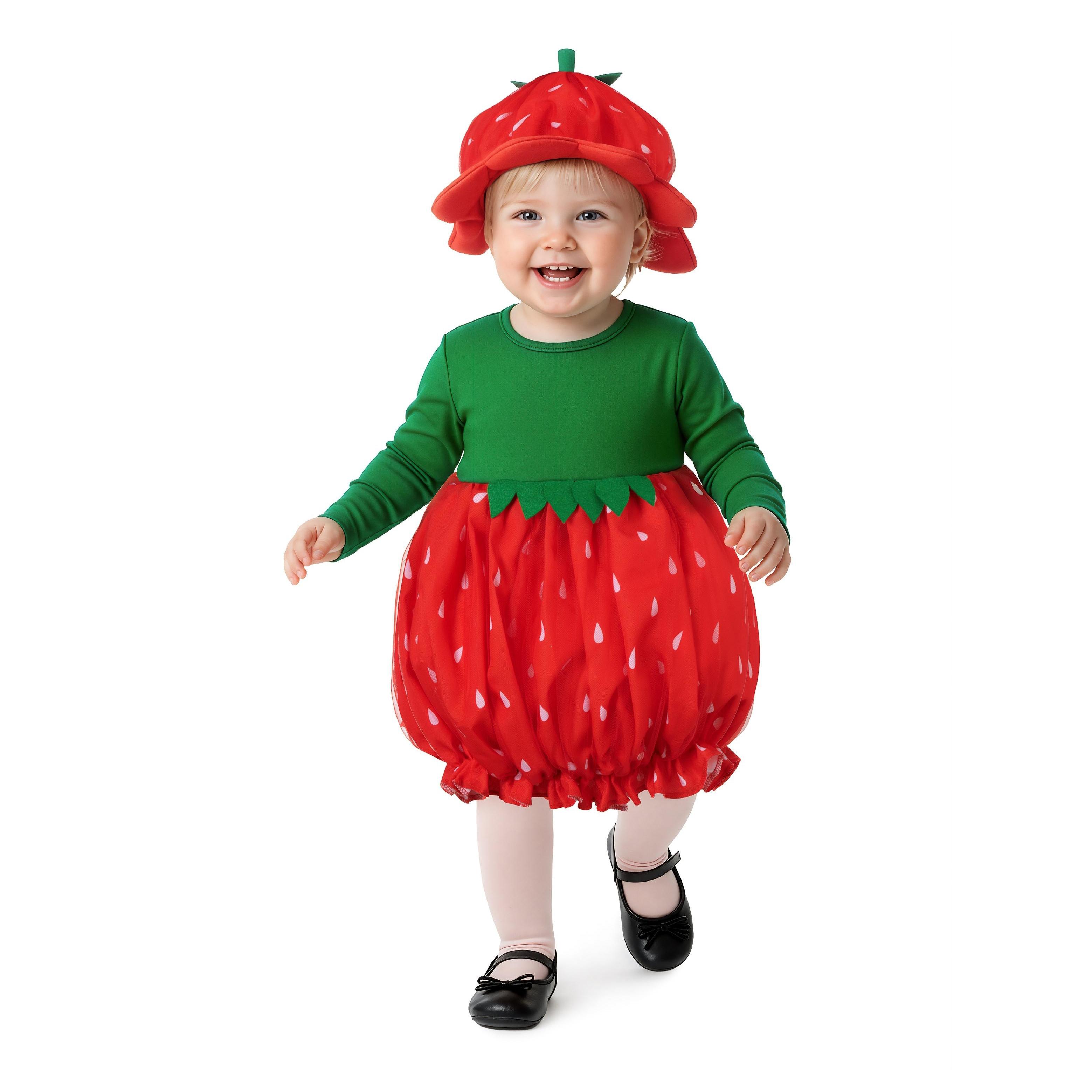 DISFRAZ DE FRESA BEBÉ CON VESTIDO Y GORRO