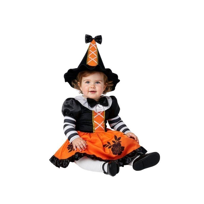 DISFRAZ BABY BRUJA NARANJA Y NEGRO CON VESTIDO Y SOMBRERO