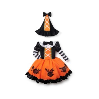 DISFRAZ BABY BRUJA NARANJA Y NEGRO CON VESTIDO Y SOMBRERO
