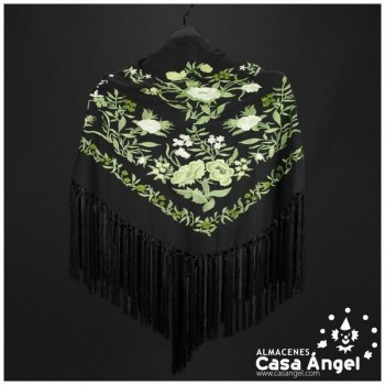 MANTÓN FLAMENCA NEGRO BORDADO FLORAL VERDE Y BLANCO ADULTO