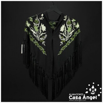 MANTÓN FLAMENCA NEGRO BORDADO FLORAL VERDE Y BLANCO ADULTO