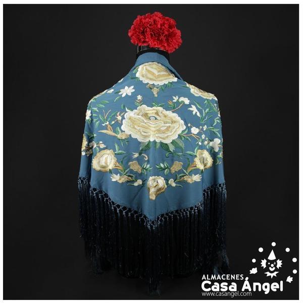 MANTÓN FLAMENCA AZULÓN BORDADO FLORAL ADULTO