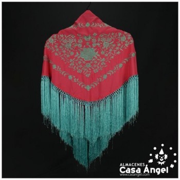 MANTÓN CORAL CON BORDADO Y FLECOS VERDES ADULTO