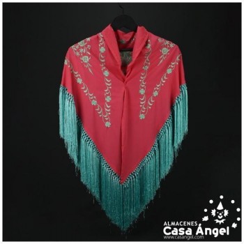 MANTÓN CORAL CON BORDADO Y FLECOS VERDES ADULTO