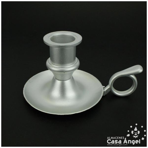 PORTAVELAS PLÁSTICO PLATEADO CON ASA 8cm