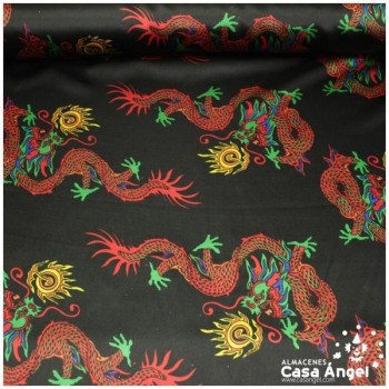 RASO NEGRO CON ESTAMPADO DE DRAGONES 150cm
