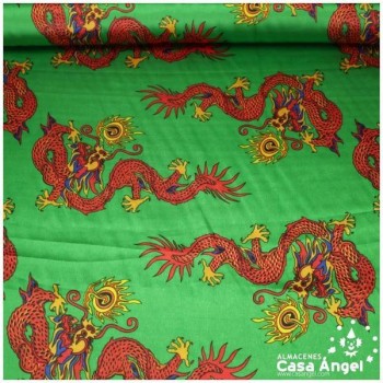 RASO VERDE CON ESTAMPADO DE DRAGONES 150cm