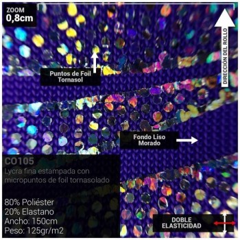 LYCRA FINA MORADA ESTAMPADA FOIL SERIE FUEGOS 150cm