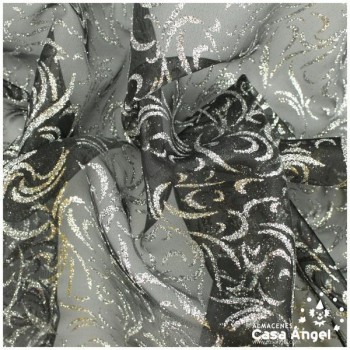 ORGANZA NEGRA ESTAMPADA GLITTER PLATEADO SERIE LUCES 150cm