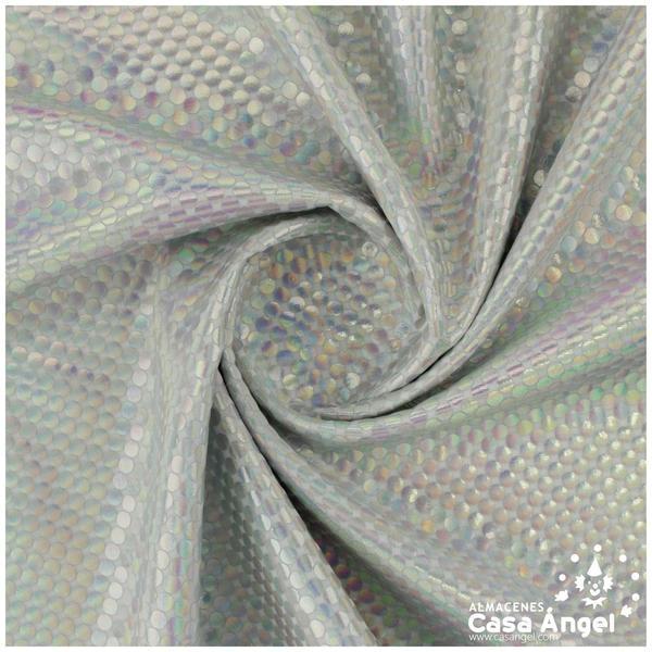 TELA LYCRA PLATEADA ESTAMPADA CON PUNTOS DE FOIL SERIE LUNAR 150cm