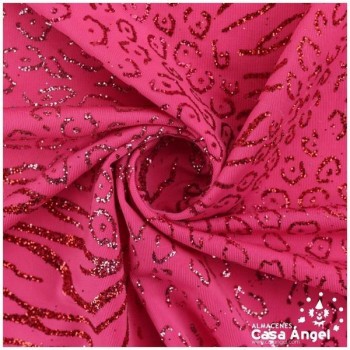 LYCRA FINA FUCSIA ESTAMPADA CON GLITTER SERIE KENIA 150cm