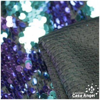 TELA DE RASO CON LENTEJUELAS REVERSIBLES TURQUESA Y MORADO SERIE RAMÓN 135cm