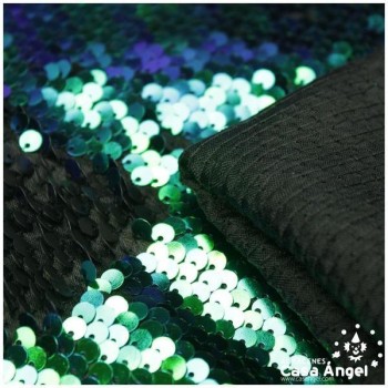 TELA DE RASO CON LENTEJUELAS REVERSIBLES VERDE Y VIOLETA SERIE RAMÓN 135cm
