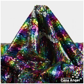 TELA DE LENTEJUELAS MULTICOLOR IRISADAS Y REVERSIBLES AL COLOR PLATA 135cm