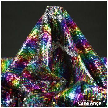TELA DE LENTEJUELAS MULTICOLOR IRISADAS Y REVERSIBLES AL COLOR PLATA 135cm