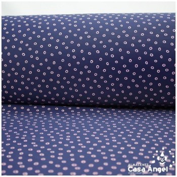 LYCRA AZUL MARINO CON BOLITAS ROSAS ESTAMPADAS 145cm