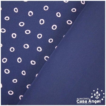 LYCRA AZUL MARINO CON BOLITAS ROSAS ESTAMPADAS 145cm