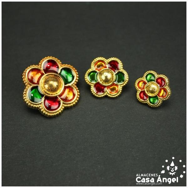BOTONES DE FLOR DORADA CON RESINA EN TRES COLORES 10 UNIDADES