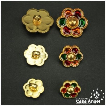 BOTONES DE FLOR DORADA CON RESINA EN TRES COLORES 10 UNIDADES