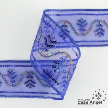 PASAMANERÍA BORDADA SOBRE GASA FLORES LENTEJUELAS 6cm