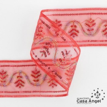 PASAMANERÍA BORDADA SOBRE GASA FLORES LENTEJUELAS 6cm