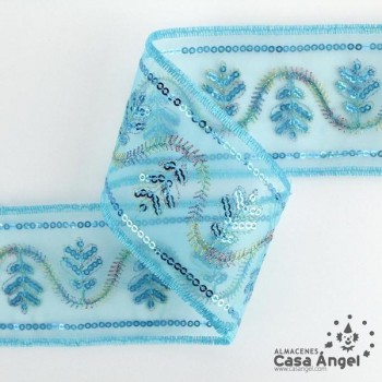 PASAMANERÍA BORDADA SOBRE GASA FLORES LENTEJUELAS 6cm