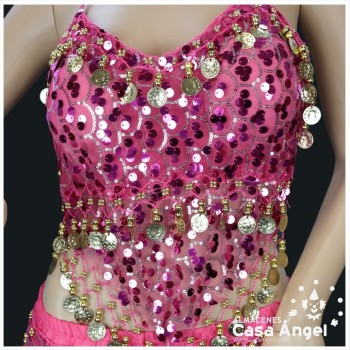 CONJUNTO TOP Y FALDA BAILE ÁRABE CON FLECOS Y MONEDAS