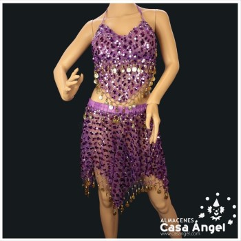 CONJUNTO TOP Y FALDA BAILE ÁRABE CON FLECOS Y MONEDAS