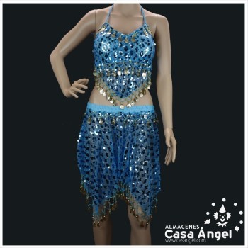 CONJUNTO TOP Y FALDA BAILE ÁRABE CON FLECOS Y MONEDAS