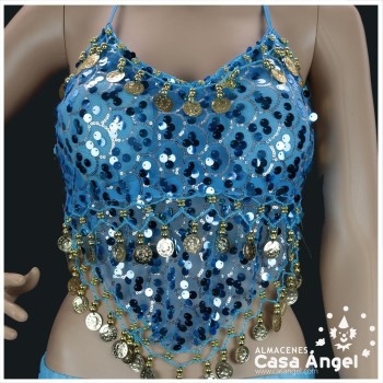 CONJUNTO TOP Y FALDA BAILE ÁRABE CON FLECOS Y MONEDAS