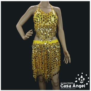 CONJUNTO TOP Y FALDA BAILE ÁRABE CON FLECOS Y MONEDAS