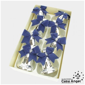 CAMPANAS PLATEADAS CON LAZO AZUL SET 10 UNIDADES