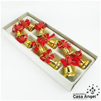 CAMPANAS DORADAS CON LAZO ROJO SET 10 UNIDADES