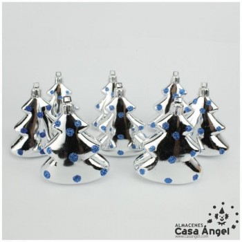 ÁRBOLITOS PLATEADOS CON GLITTER AZUL SET 8 UNIDADES