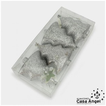 ÁRBOLES CON BRILLANTINA PLATA 88mm SET 4 UNIDADES
