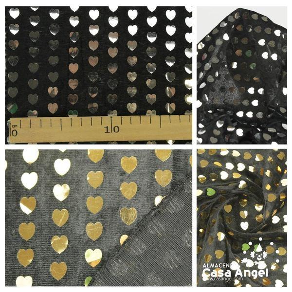 TERCIOPELO NEGRO LENTEJUELAS CORAZONES FOIL 115cm