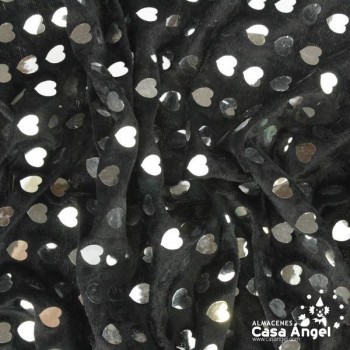 TERCIOPELO NEGRO LENTEJUELAS CORAZONES FOIL 115cm