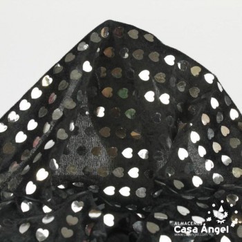 TERCIOPELO NEGRO LENTEJUELAS CORAZONES FOIL 115cm