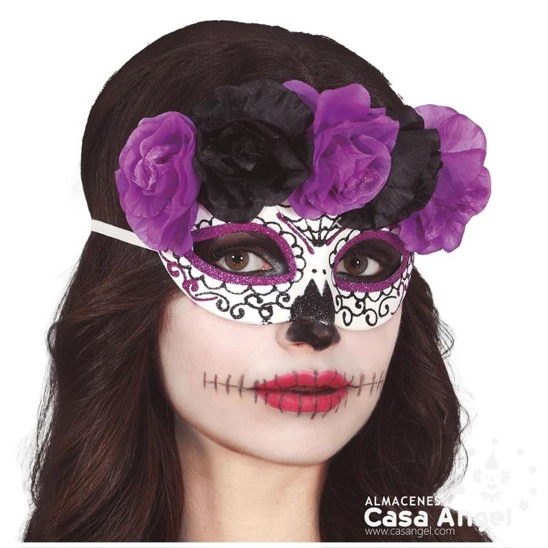 ANTIFAZ DE CATRINA CON FLORES NEGRAS Y LILA Y DETALLES DE PURPURINA