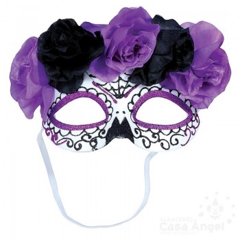ANTIFAZ DE CATRINA CON FLORES NEGRAS Y LILA Y DETALLES DE PURPURINA