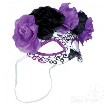 ANTIFAZ DE CATRINA CON FLORES NEGRAS Y LILA Y DETALLES DE PURPURINA